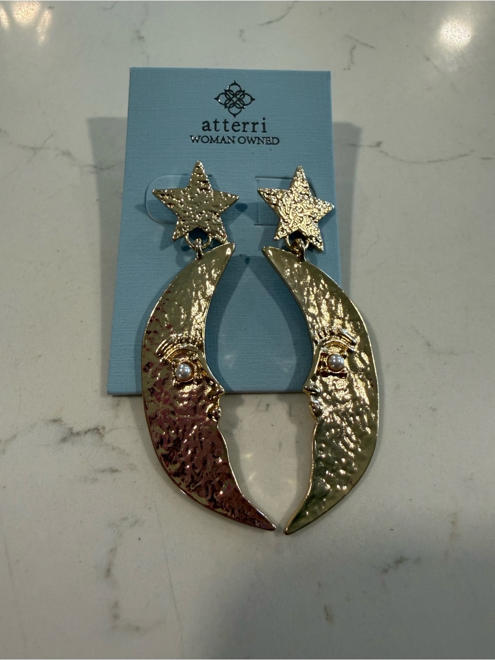 Atterri Gold Moon & Star Face Drop Earrings